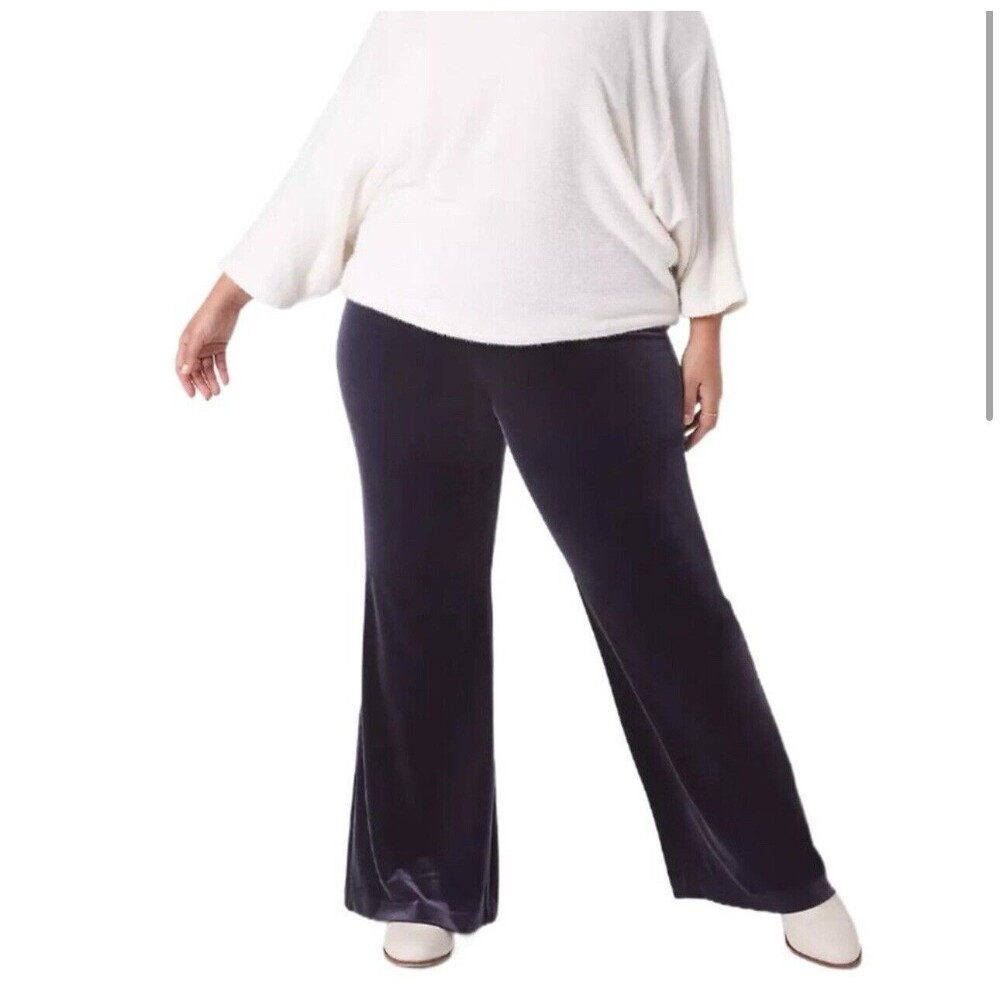 LANE BRYANT Womens Blue Velvet Flare Pants Sz 22 Mid Rise Whimsy Holiday Stretch
